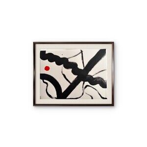 Original Art 14x11 Expressionism Abstract on paper Black on White with Red Dot